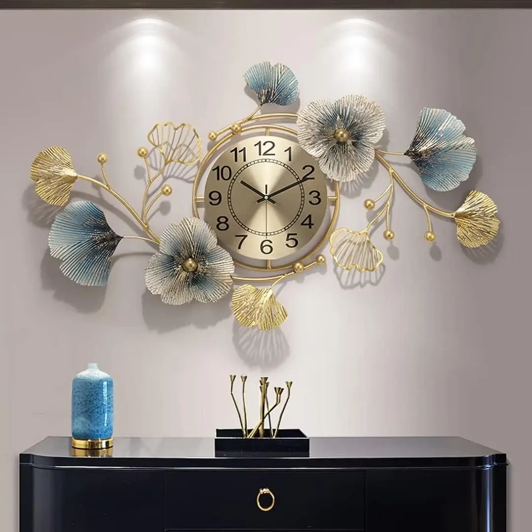 Large Wall Clock Creative Metal Ginkgo Leaf Design Wall Clock Silent Non Ticking Decoration Wall Clocks for Living Room Bedroom