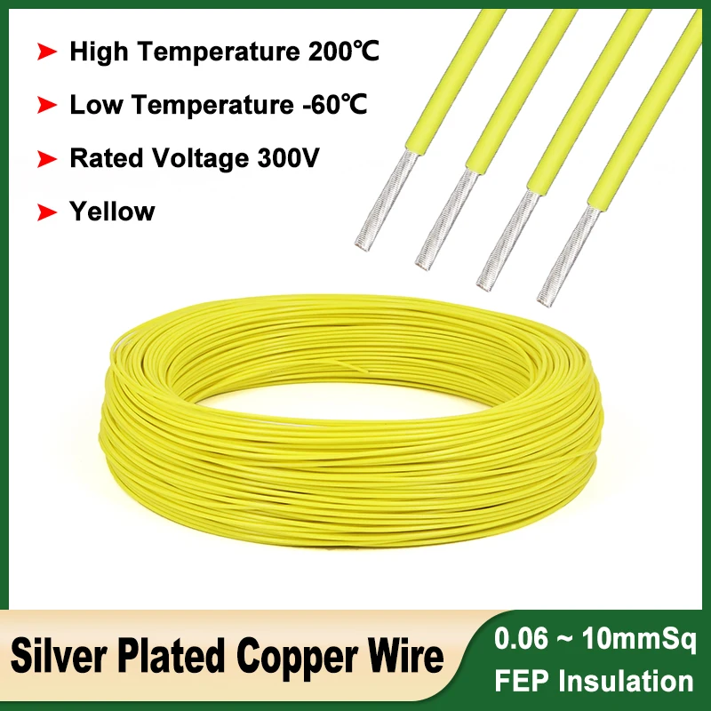 Yellow FEP Wire Sq 0.06/0.12/0.15/0.2/0.35/0.5/1~10mm High Purity OFC Silver Plated Copper Core Hifi Headphone Audio 3D Printer