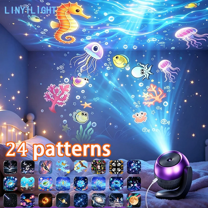 Starry Projector Night Light with Sound 24 Patterns Projector Effects Pattern Auto rotate Timer LED Projector Lamp for Kid Gift