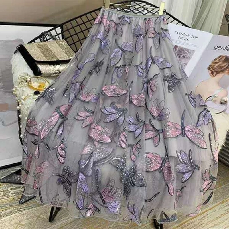 Embroidery Vintage Tulle Skirts Women 2023 Elegant Fashion High Waist Faldas Ajustadas Korean Casual A Line Mid Length Skirt Y2k