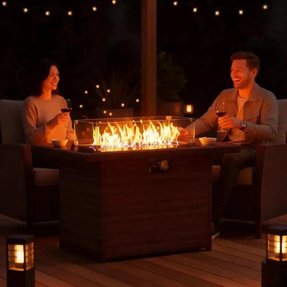 44 Outdoor Propane Gas Fire Pit Table with Glass Wind Guard and Waterproof Cover