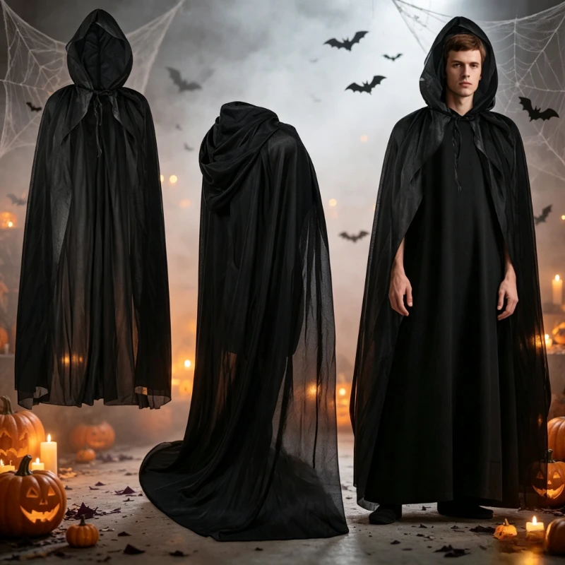 Masquerad Cloak Soft Unisex Hooded Black Robe Witch Long Cape Cosplay Costume Prop Party Performance Supplies Holiday Decoration