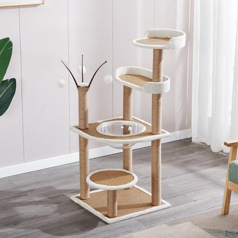 

Multilevel Wooden Cat Tree House, Space Capsule, Cat Bed, Rattan Mat, Tower with Sisal Rope, Scratching Posts, Pet Cats Condos