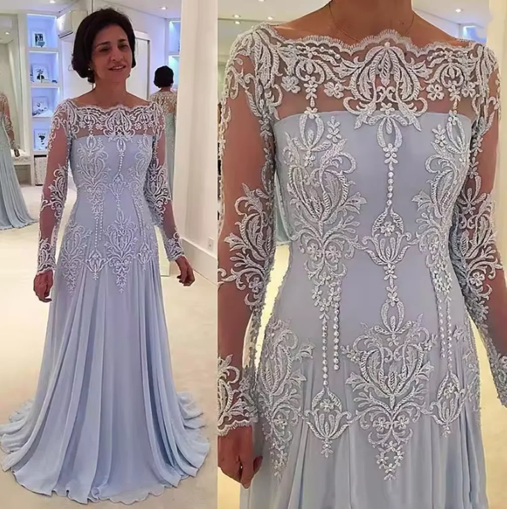 Plus Size Kleider für die Brautmutter, A-Linie, lange Ärmel, Chiffon, Spitze, Perlen, lange Kleider für die Brautmutter für Hochzeiten