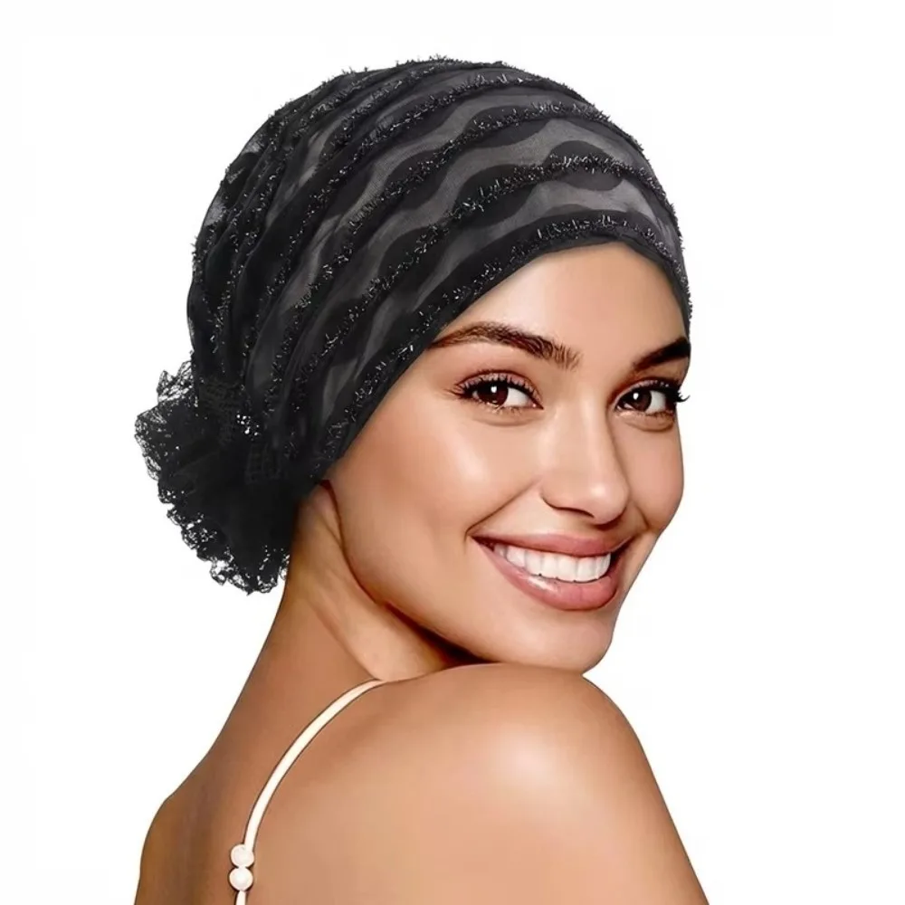 Fashion Soft Lace Curling Hat Breathable Dome Elastic Curly Hair Hat Solid Color Brimless Beanie Mesh Lace Pullover Cap Ladies