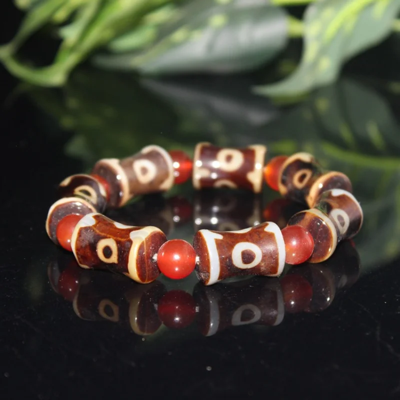Ming Qing Ancient Imitation Old Agate Knot Three-Eyed Dzi Bead Bracelet Hand String