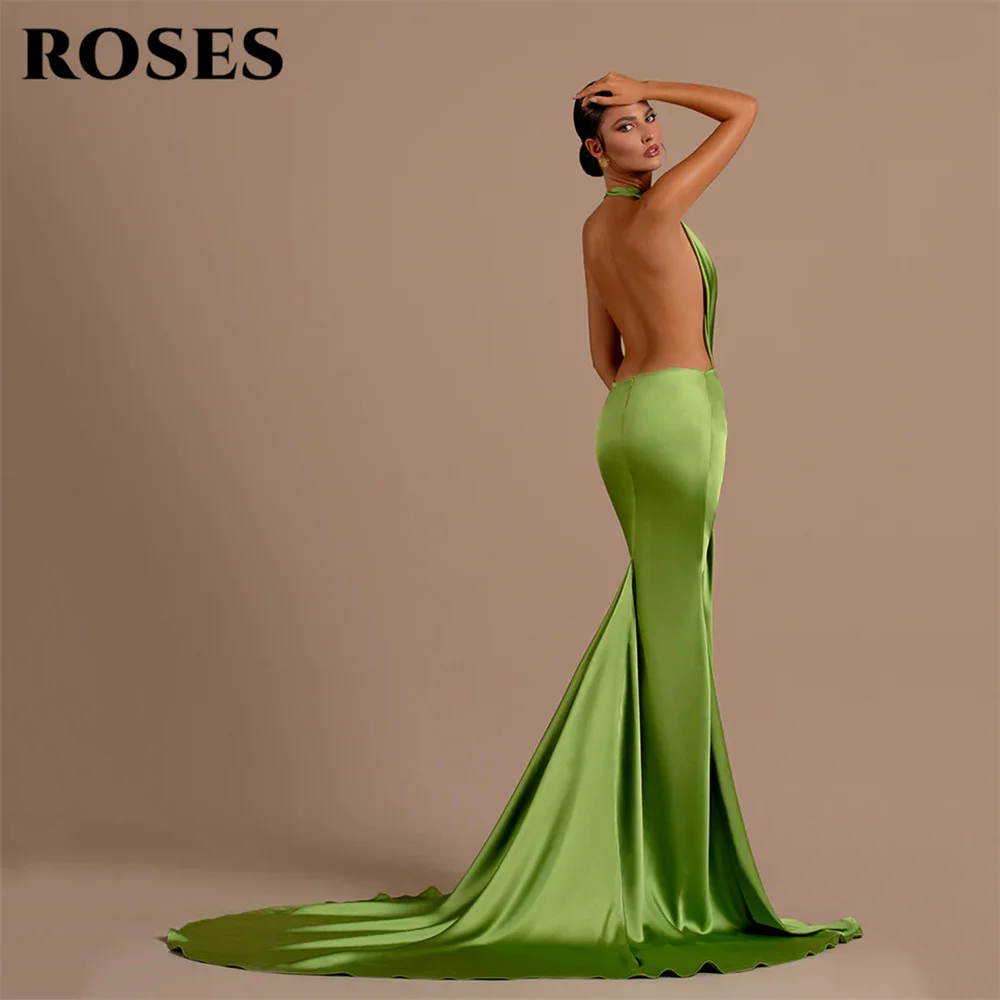 ROSES-Deep V-Neck cetim Prom Dress, Halter plissado Vestidos, Costas abertas, Vestidos de festa sem mangas, Sereia, Verde