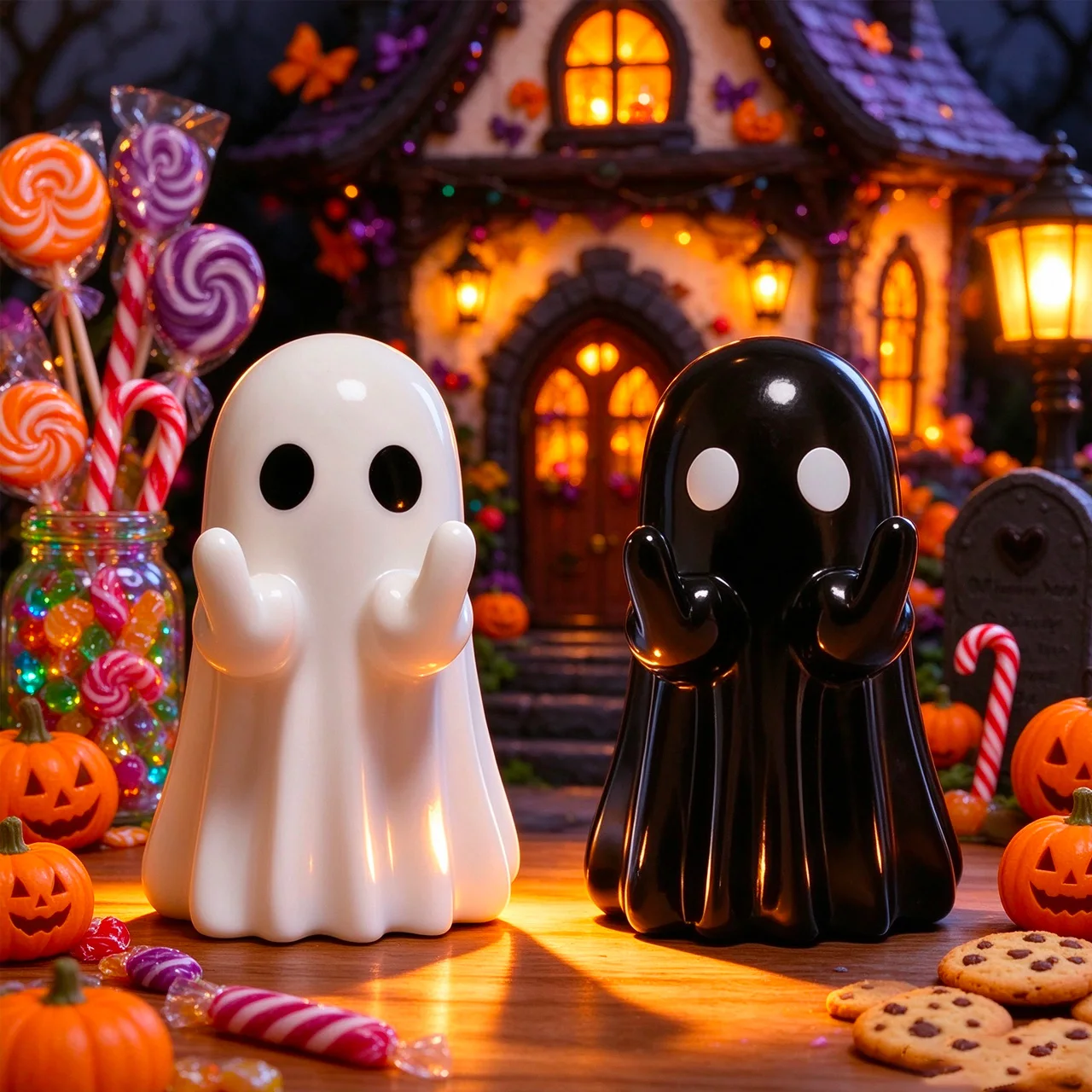 8cm Height PVC Black & White Ghost Figurine, Halloween Decoration Ornament, Cute Mini Ghost, Spooky Holiday Gift Toy