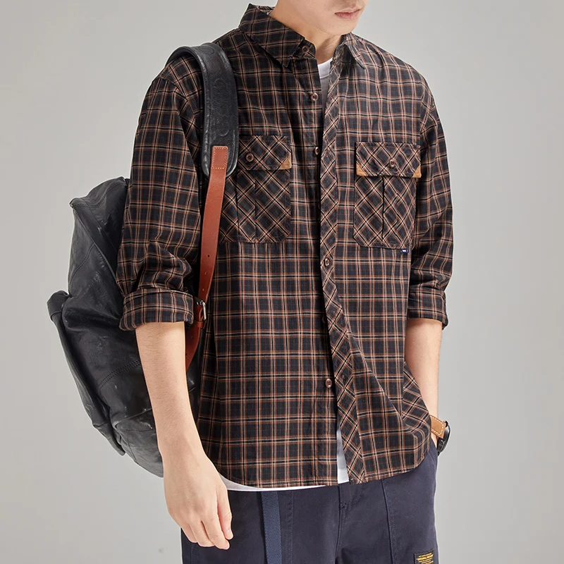 2025 Spring Autumn Classic Plaid Shirt 100% Cotton Japanese Retro Fashion Casual Long Sleeve Men Straight Cylinder Shirt Pocket