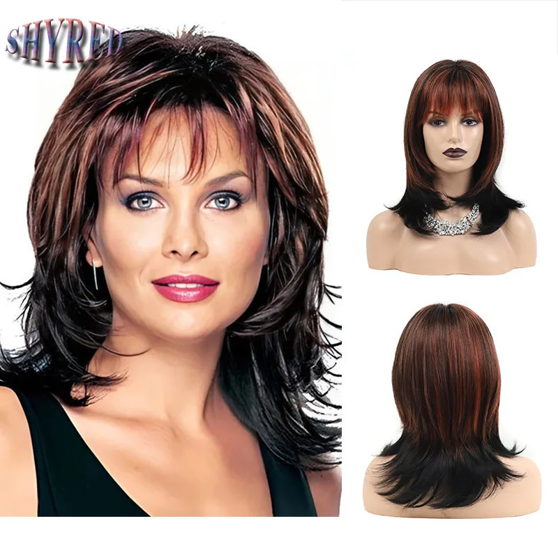 

Women Short Layered Fluffy Curly Heat Resistant Synthetic Hair Wigs Mixed Wine Red Bob Wig with Bangs