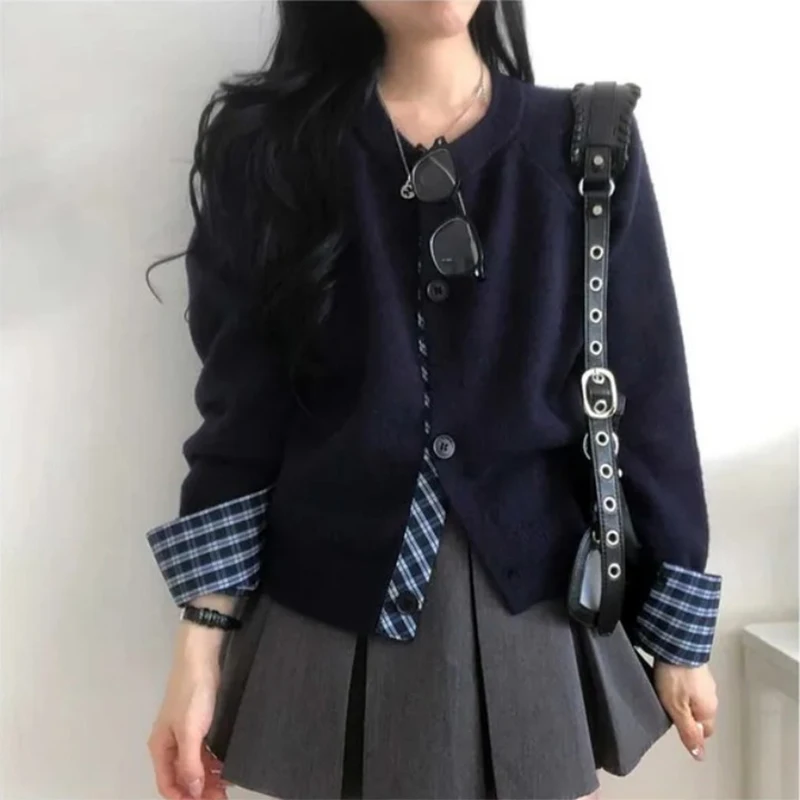 Color Blocking Grid Splicing Design, Long Sleeved Knitted Cardigan,  Autumn Round Neck Single Breasted Jacket Top