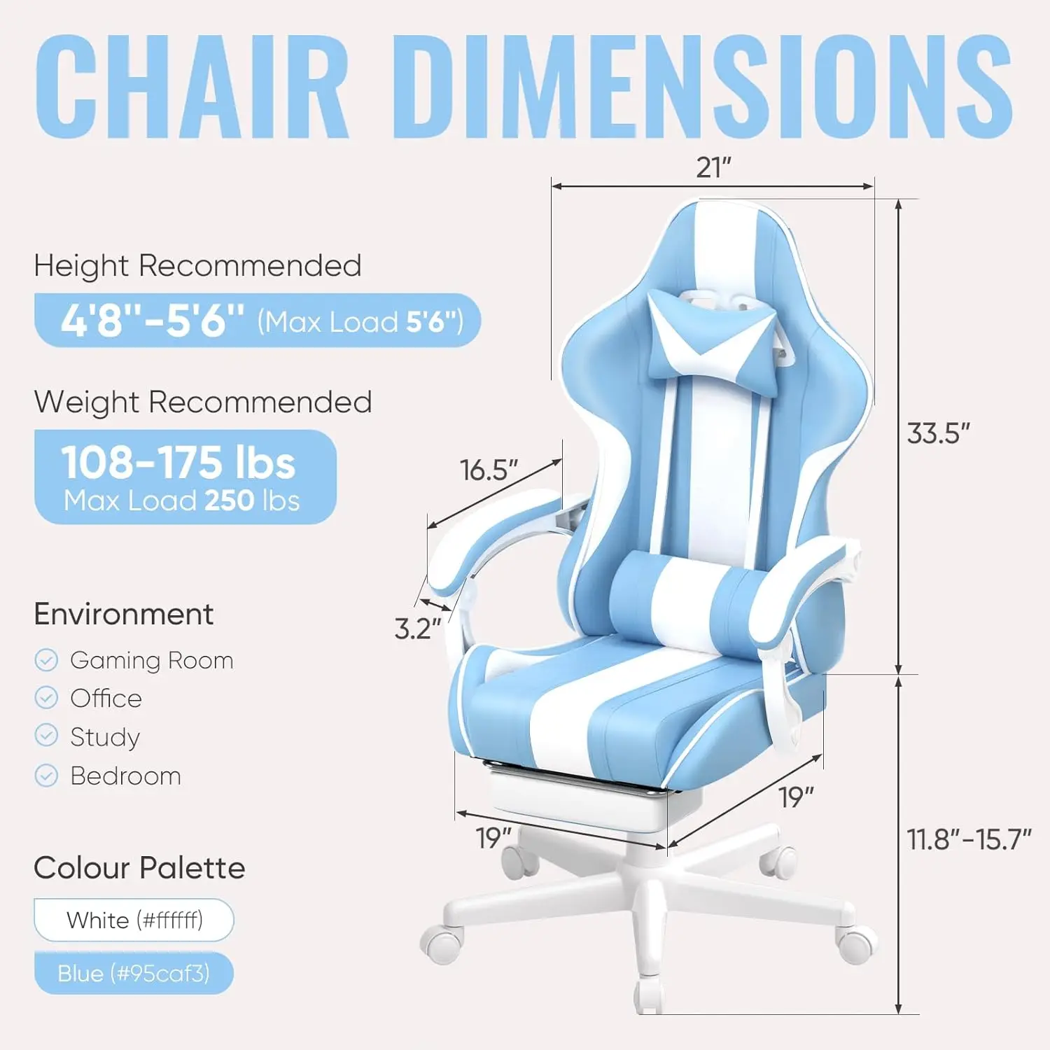 Kursi bermain Game, kursi komputer permainan PC gaya balap ergonomis dengan sandaran kepala penopang Lumbar dapat disesuaikan (biru muda)