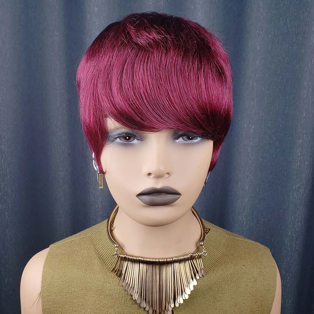 Krótkie peruki bob z ludzkich włosów z grzywką, peruka pixie cut, krótka czerwona peruka z ludzkich włosów 99j, w pełni wykonana maszynowo dla czarnoskórych kobiet.
