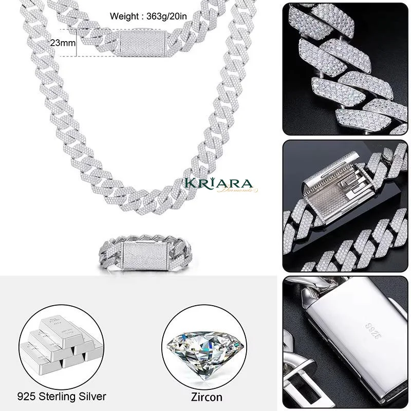 S925 Sterling Men's Silver Moissanite Chain Necklace Rhodium Plated Hiphop Everyday Wear.