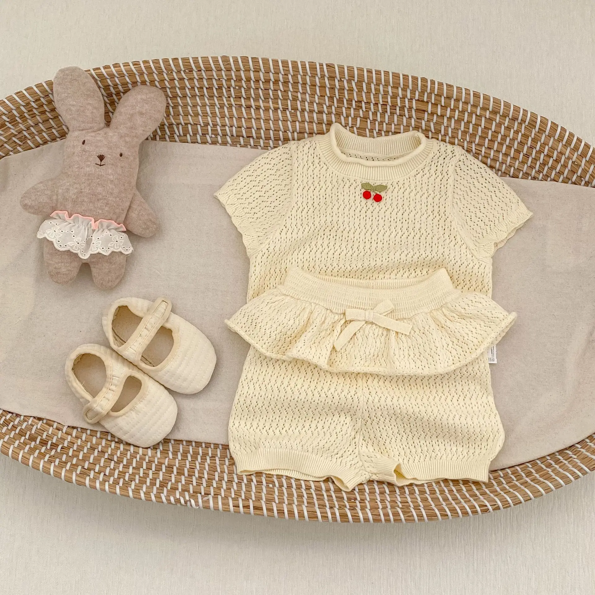 2026 Summer New Children Short Sleeve Clothes Set Girls Cute Cherry Embroidery Hollowed Out 2pcs Suit Toddler Knitted Outfits