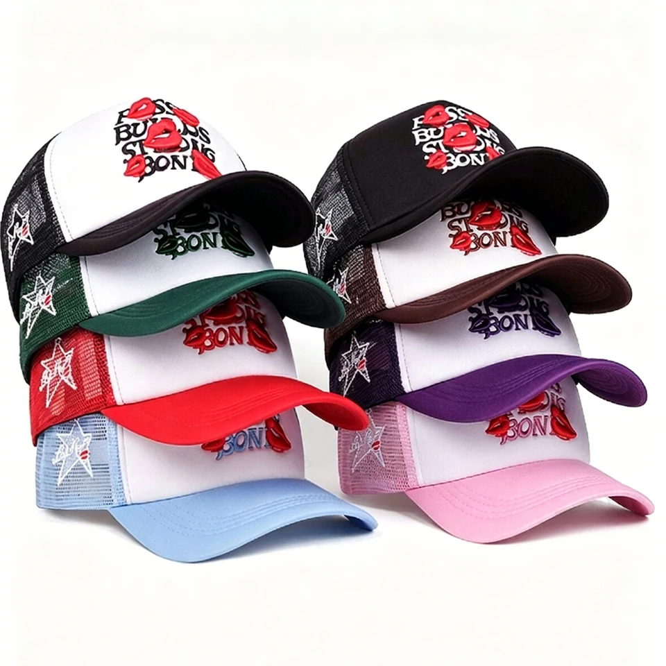 Unisex Fashion Gothic Letter Embroidered Trucker Hat, Red Lips