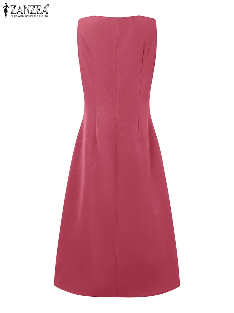ZANZEA 2025 ฤดูร้อนทํางาน Midi ชุดเดรสผู้หญิงแฟชั่น U คอ Sundress วันหยุด Vestidos Casual ปุ่ม Robe