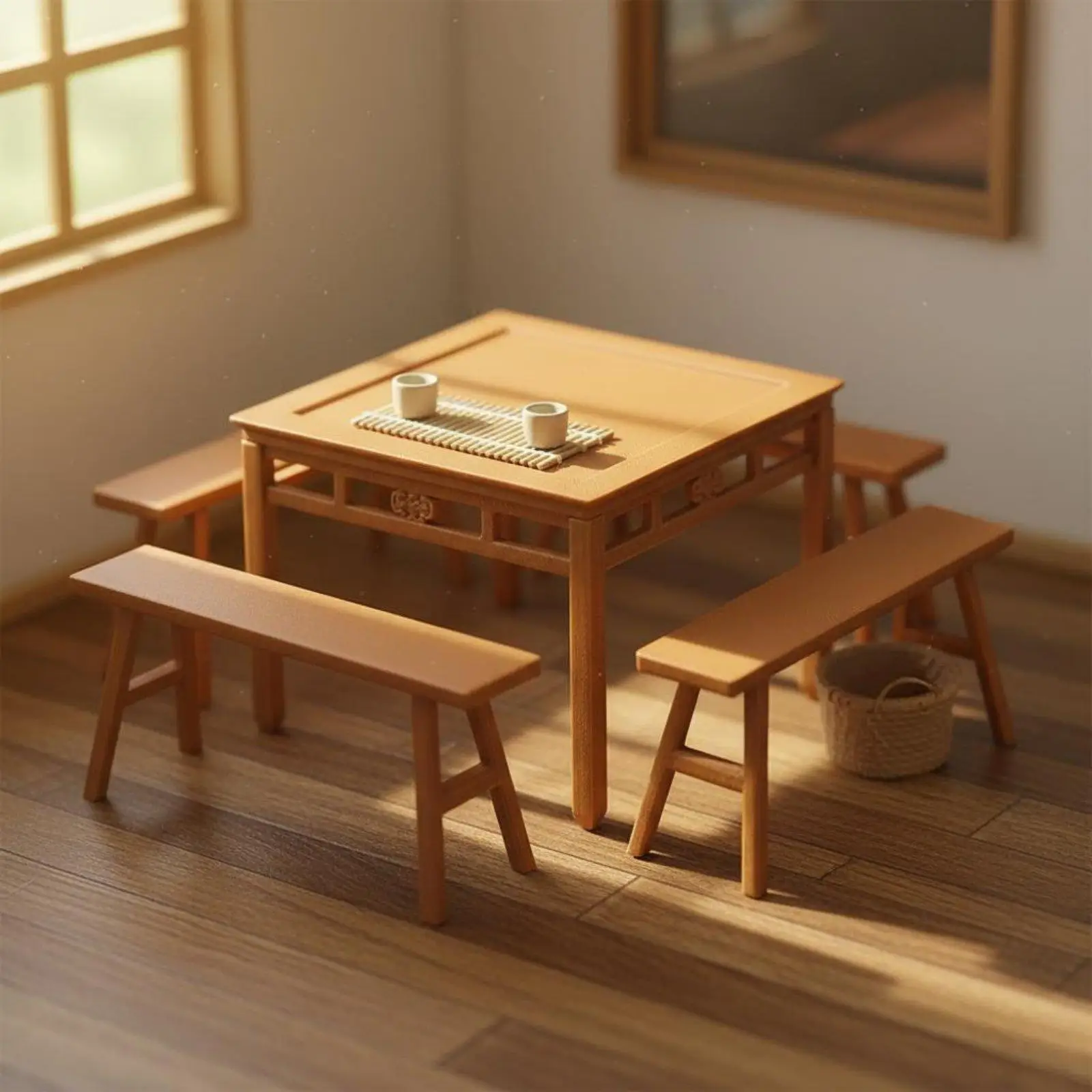 Miniature Model of a Long Bench, Realistic Design, Table and Bench Set