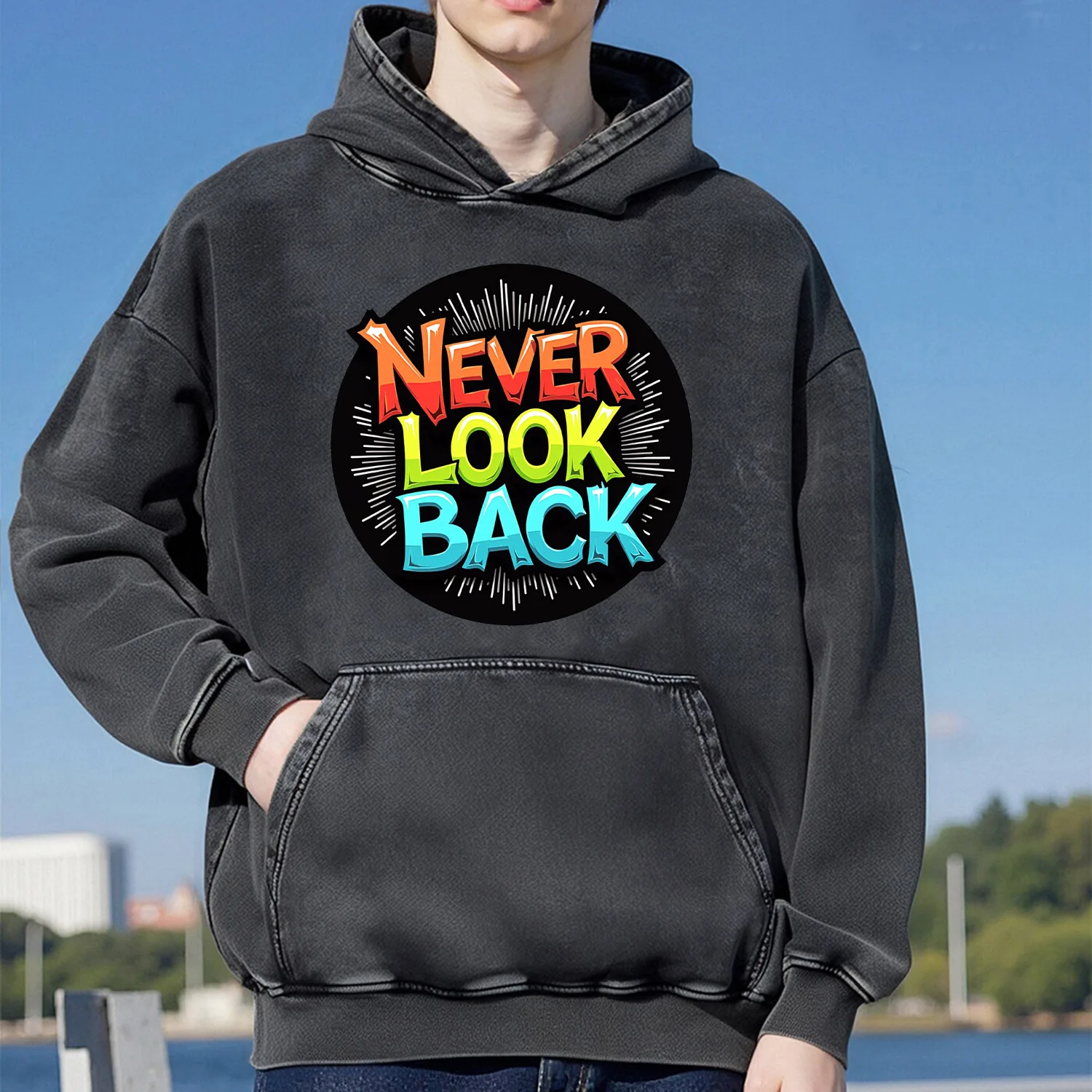 سويت شيرت بقلنسوة مغسول بنمط Never Look Back للرجال والنساء ملابس رياضية كاجوال قطنية عصرية ملابس الشارع 400 جرام