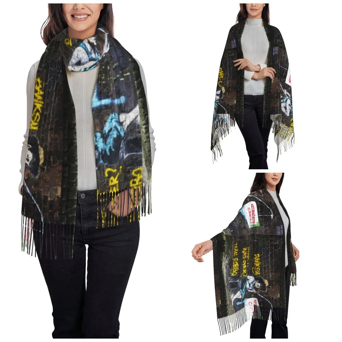 Banksy Robbo War Fishing Boy Scarf for Womens Warm Winter Pashmina Shawl Wrap Large Scarves with Tassel for Evening Dress