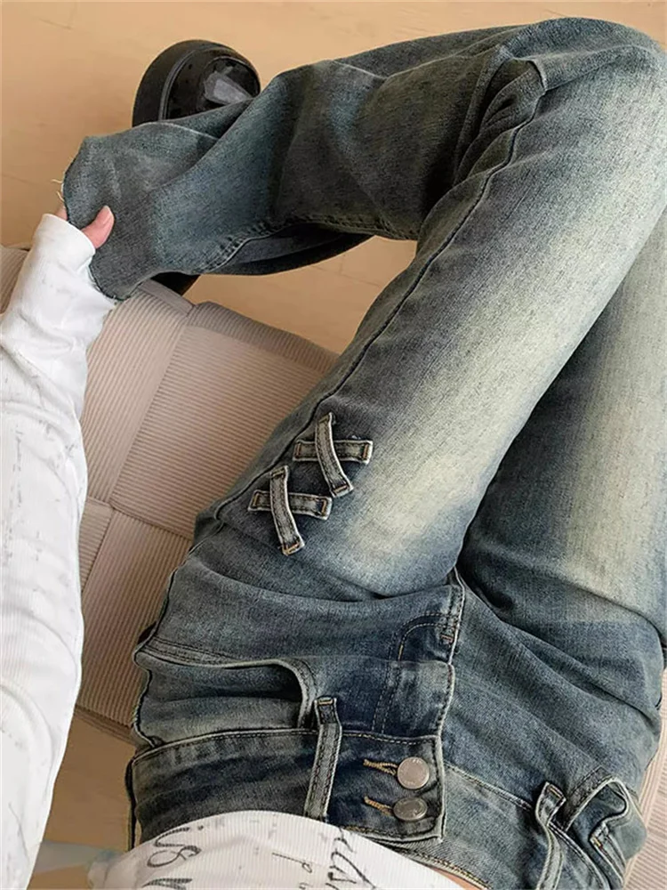 

Джинсы-колокольчики с высокой талией, женские облегающие джинсы с эластичным узлом, летние износостойкие джинсы