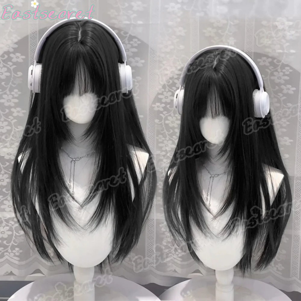 EAST Cosplay Hair Extensions Synthetic Wigs Natural Breathable Head Cover Black Long Straight Wig Hat for Women