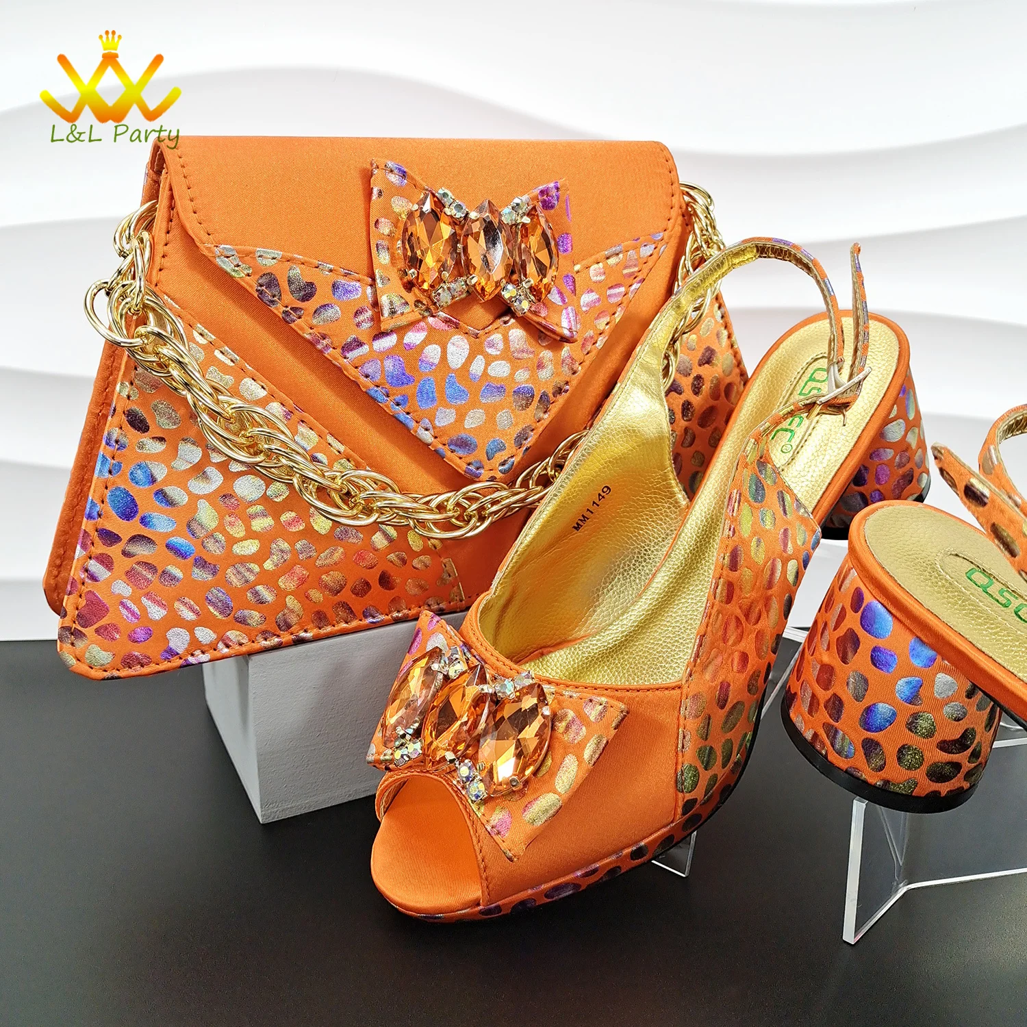 Wedding Newest Italian INS Hot Sale Mature Style Italian Women Shoes Matching Bag Set with Shinning Crystal in Orange  Color