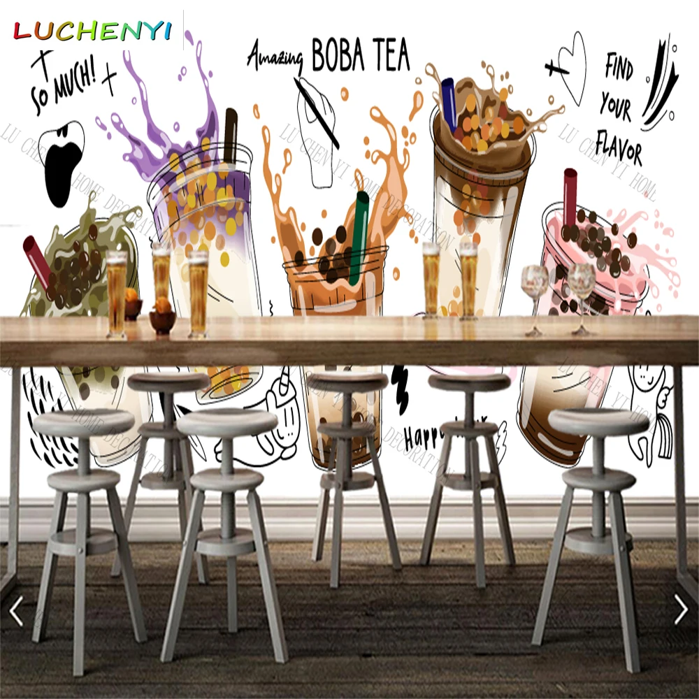 Custom cartoon bubble milk tea 3d wallpaper mural restaurant juice shop kitchen dining room wall papers home decor sticker