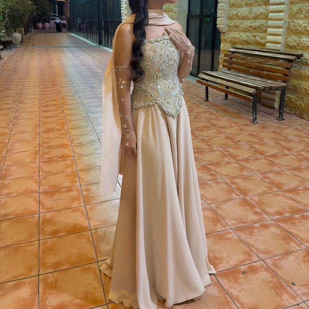 

Customized A-line Evening Dresses Floor-length Strapless Full Sleeve Prom Gown Fashion Crystal Simple Stole Draped Party Gown