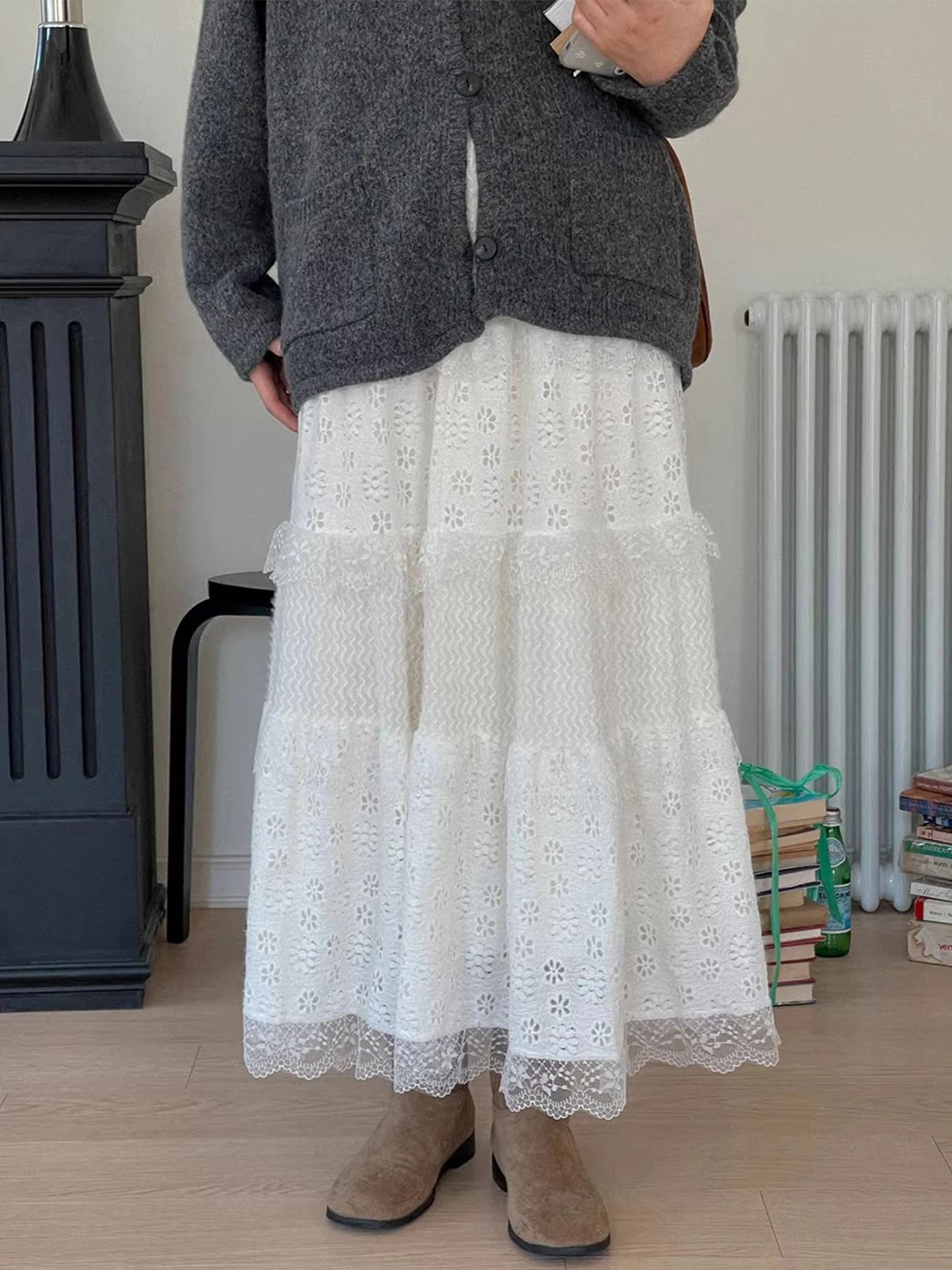 White Lace Hollow out Hook Flower Heavy Work f Skirt Women's Early Spring High Waist Slim Cake Long Skirt Korean Sle