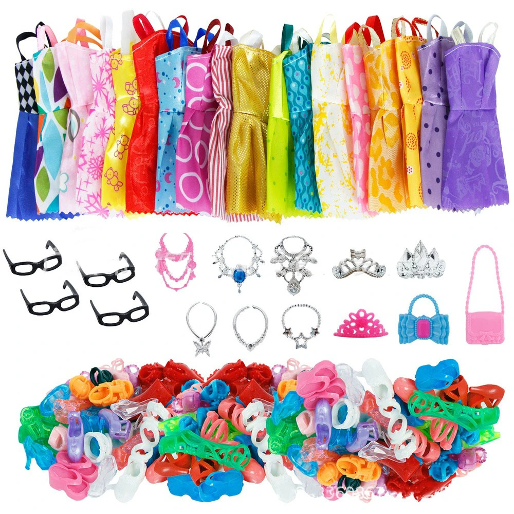 35 Item/Set Doll Accessories 10 Mix Fashion Cute Dress 10 Shoes 4 Glasses 6 Necklaces 2 Handbag 3 Crown Dress Up for Barbie Doll