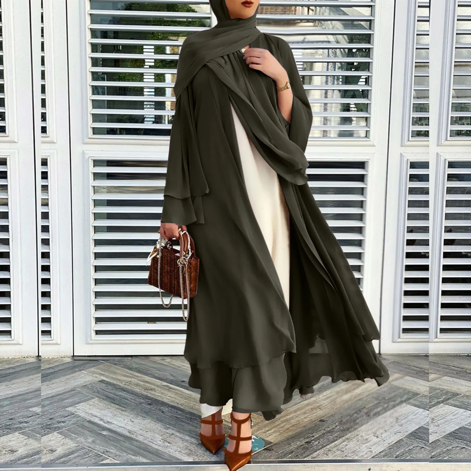 Fashion Chiffon Abaya Kimono Dubai Muslim Cardigan Abayas Women Casual Robe female Islam Clothes With Belt Muslim Dress Women