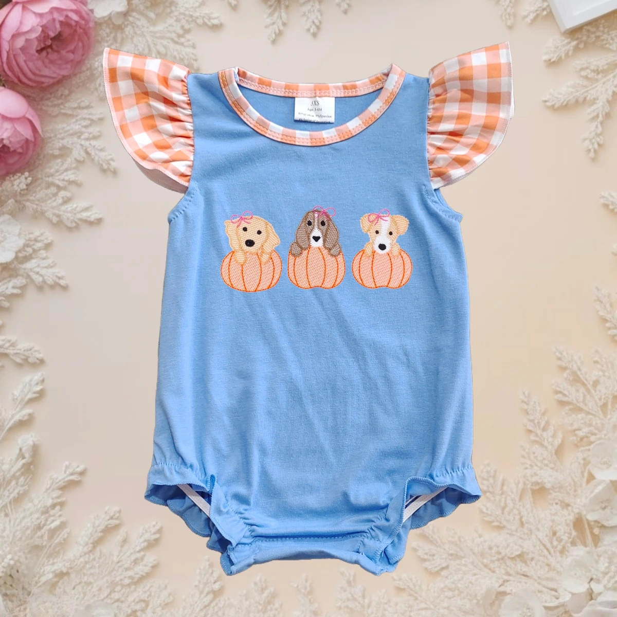 

Hot Sale New Arrival Cute Baby Girls Thanksgiving Fall Romper Kids Embroidery Dogs Pumpkins Flutter Sleeves Jumpsuit 0-2years