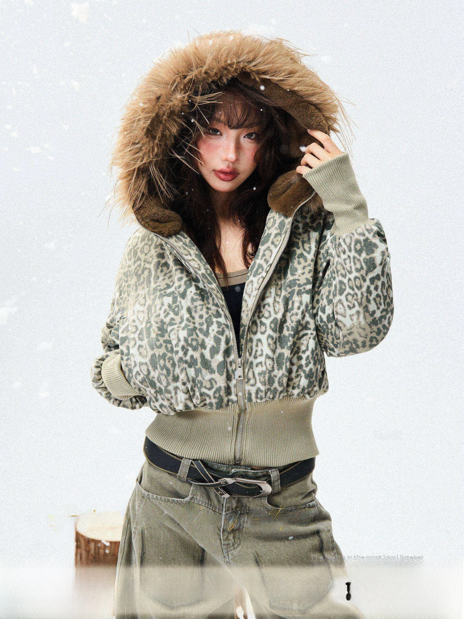 

Young Stage Thiened ort Cotton Jaet Women's Winter Coat with Hood Large Fur Collar American Leopard Print Slim Fit