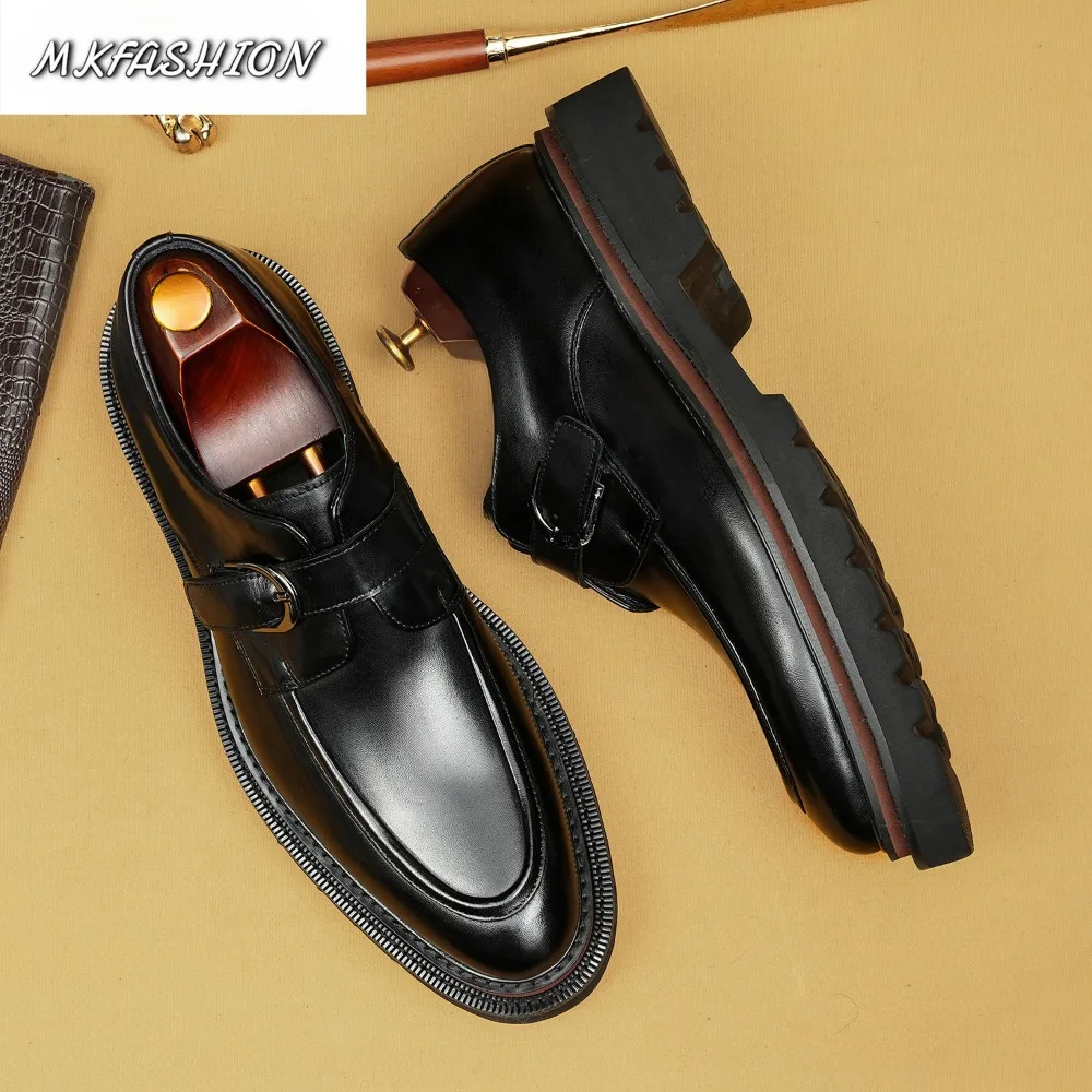 Men's Business Dress Shoes Thick Soled Cowhide Genuine Leather Buckle Strap Flats Male Footwear