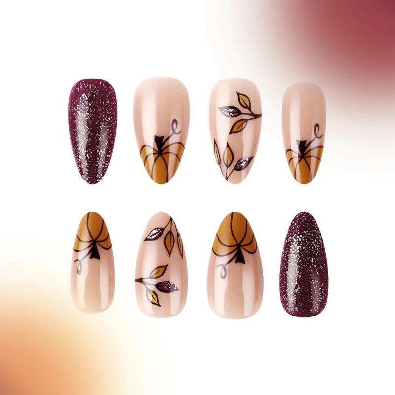 Conjunto unhas ação graças com 24 peças unhas artificiais abóbora amêndoa com desenhos folhas bordo, arte