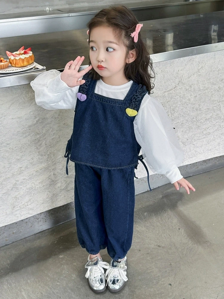 

Girls 3Pcs Set White Cotton Puff Sleeve Top + Denim Vest & Loose Jeans Korean Spring and Autumn Outfit for Girls 1-8Years Old
