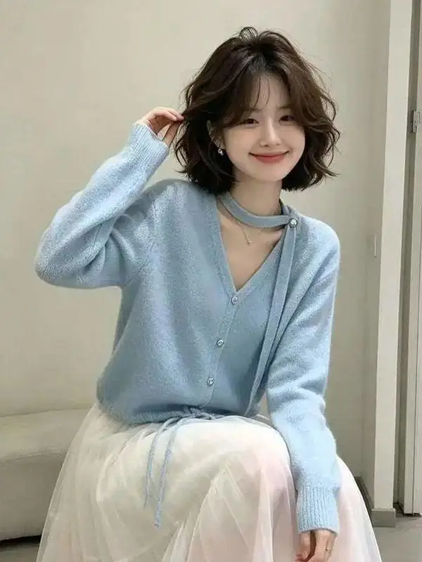Korean Style V-Neck Knitted Cardigan Women's Base Layer Shirt Bow Tie Slimming Outerwear Soft Batwing Sleeve Pure Color Sweater