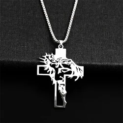 Christ God Cross Jesus Thorns Crown Chain Necklace Men Stainless Steel Jesus Cross Necklace Jewelry collar for men