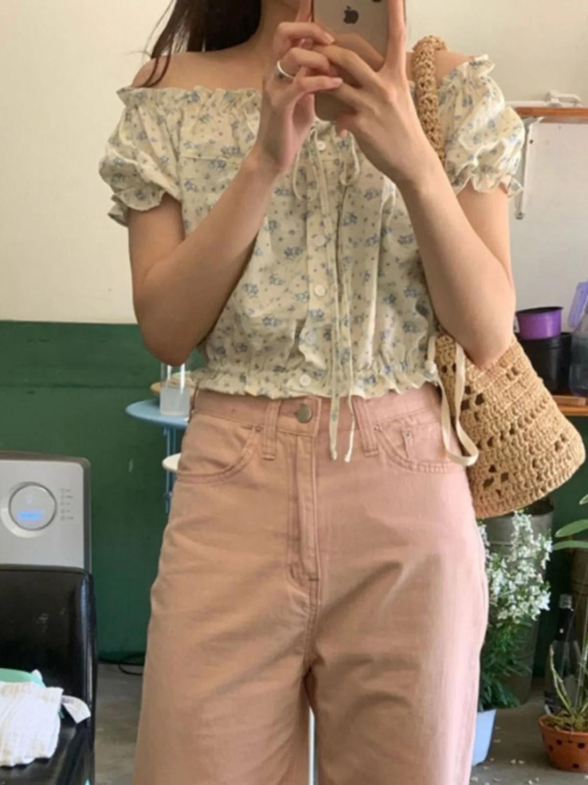 

Chic ort Sve irt Women's Sweet Fre Floral Tie Design Korean Sle Bubble Sve Top Commute Faion Spring Summer