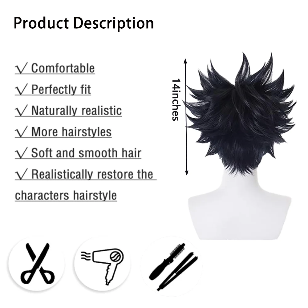 Anime Jujutsu Kaisen Fushiguro Megumi Cosplay 14-Inch Black Short Hair With Natural And Fluffy Upturned Hair For Halloween Wigs