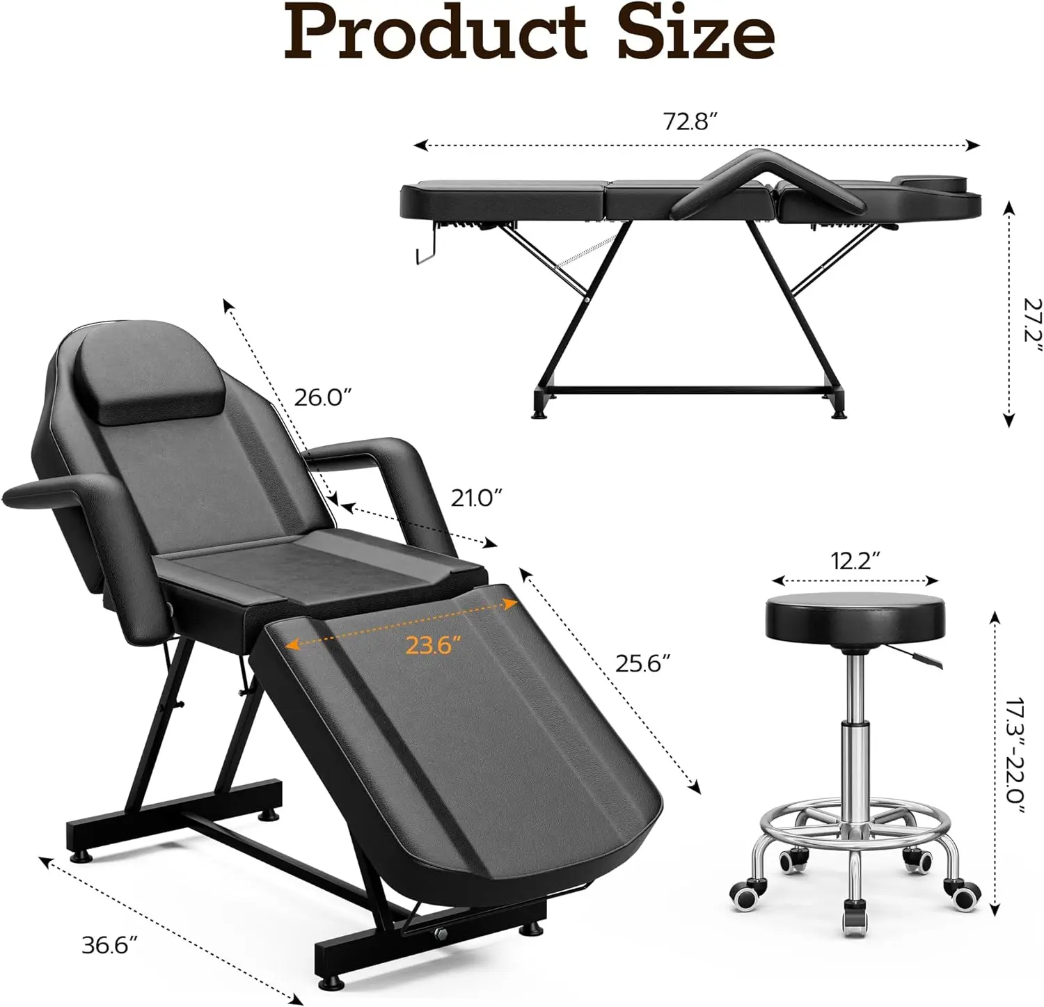 Adjustable Facial Tattoo Chair with Hydraulic Stool, Multi-Purpose 3-Section Massage Esthetician Bed for Client Lash