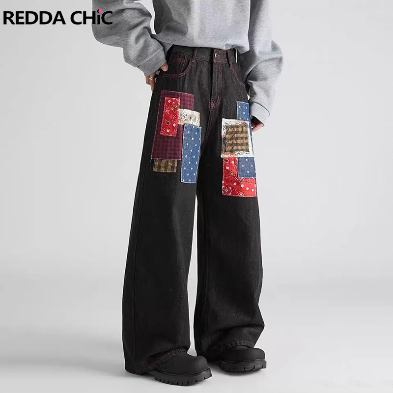 

REDDACHIC Vintage Patched Patchwork Baggy Jeans Men Black Washed Low Waist Denim Wide Leg Straight Pants Hiphop Y2k Streetwear