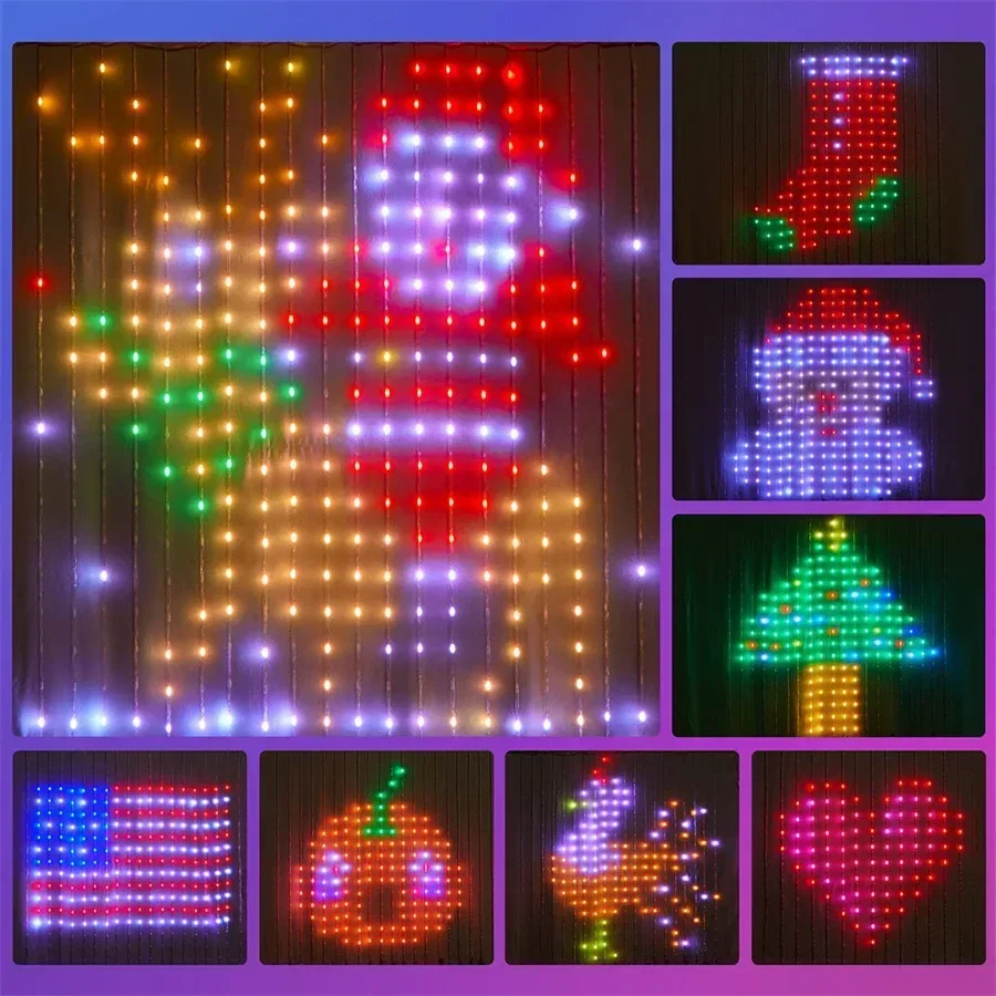 400 LED RGB Dynamic Smart App DIY Pattern Text Christmas Window Curtain String Light Fairy Lamp for Party Home Decor Indoor Use