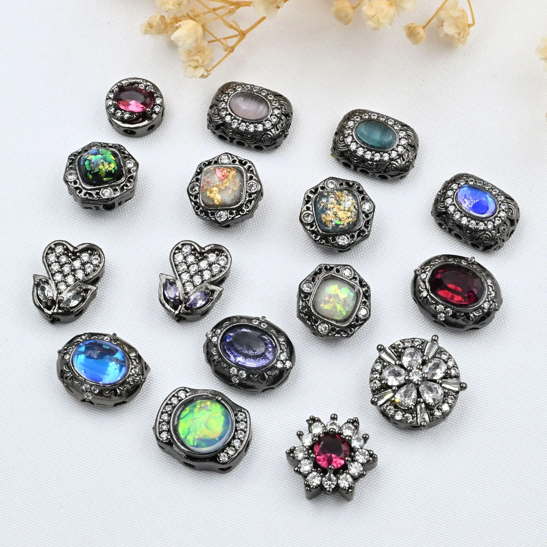 3 Pieces Copper Plated Gun Black Inlaid with Colored Zircon Beads DIY Pearl Necklace Bracelet Accessories Jewelry Materials