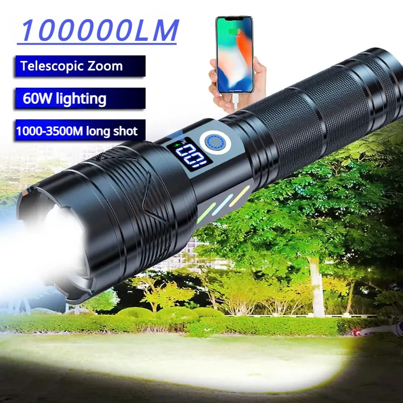 High Power LED Flashlight Type-C USB Rechargeable Long Range Tactical Flashlight Bright Light Outdoor Super Powerful Flashlight