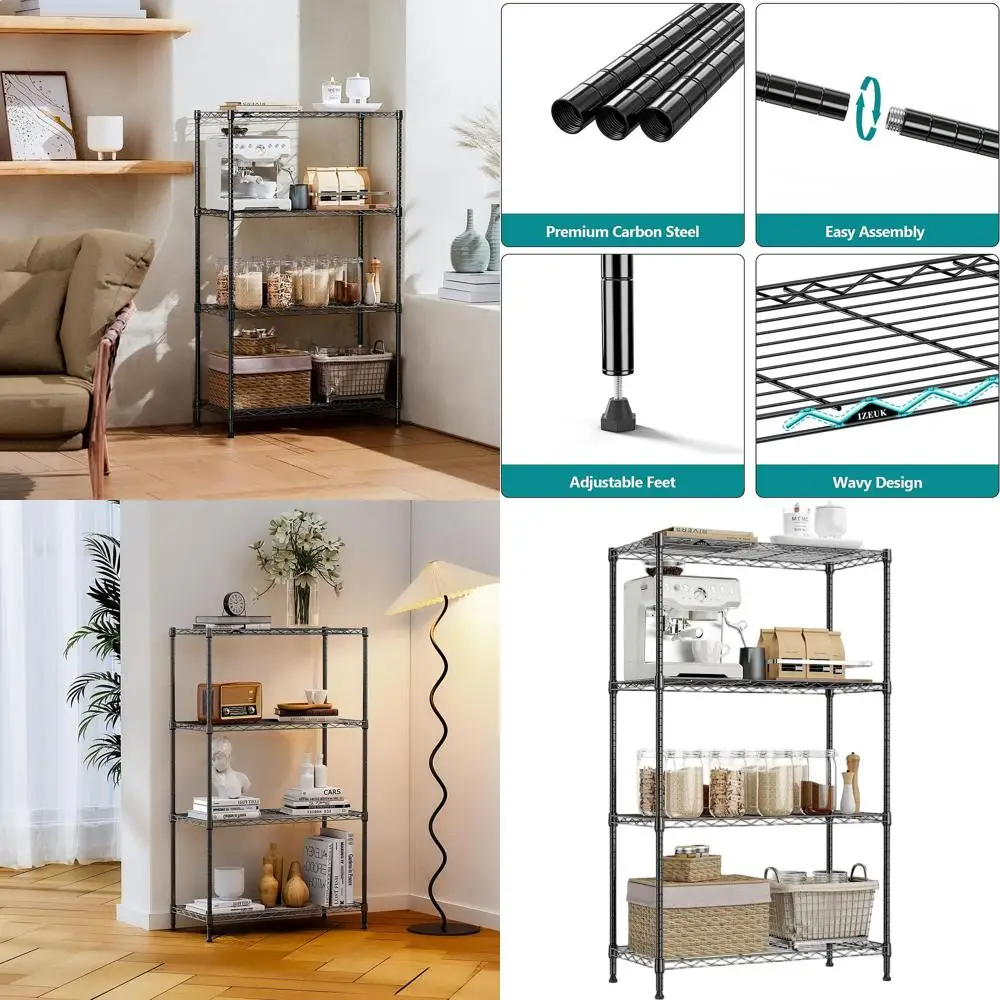 

4-ярусные стальные стеллажи для хранения - прочные полки для кухни, кладовой, гаража, офиса (29.5x13.7x47.2, 1000 фунтов, черные)