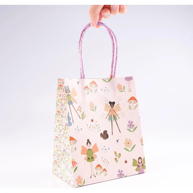 12 Pcs Woodland Fairy Theme Gift Bag Set with Ribbon Decorations for Birthday Party Fairies Bag Pink Boxes with Mushroom Flower