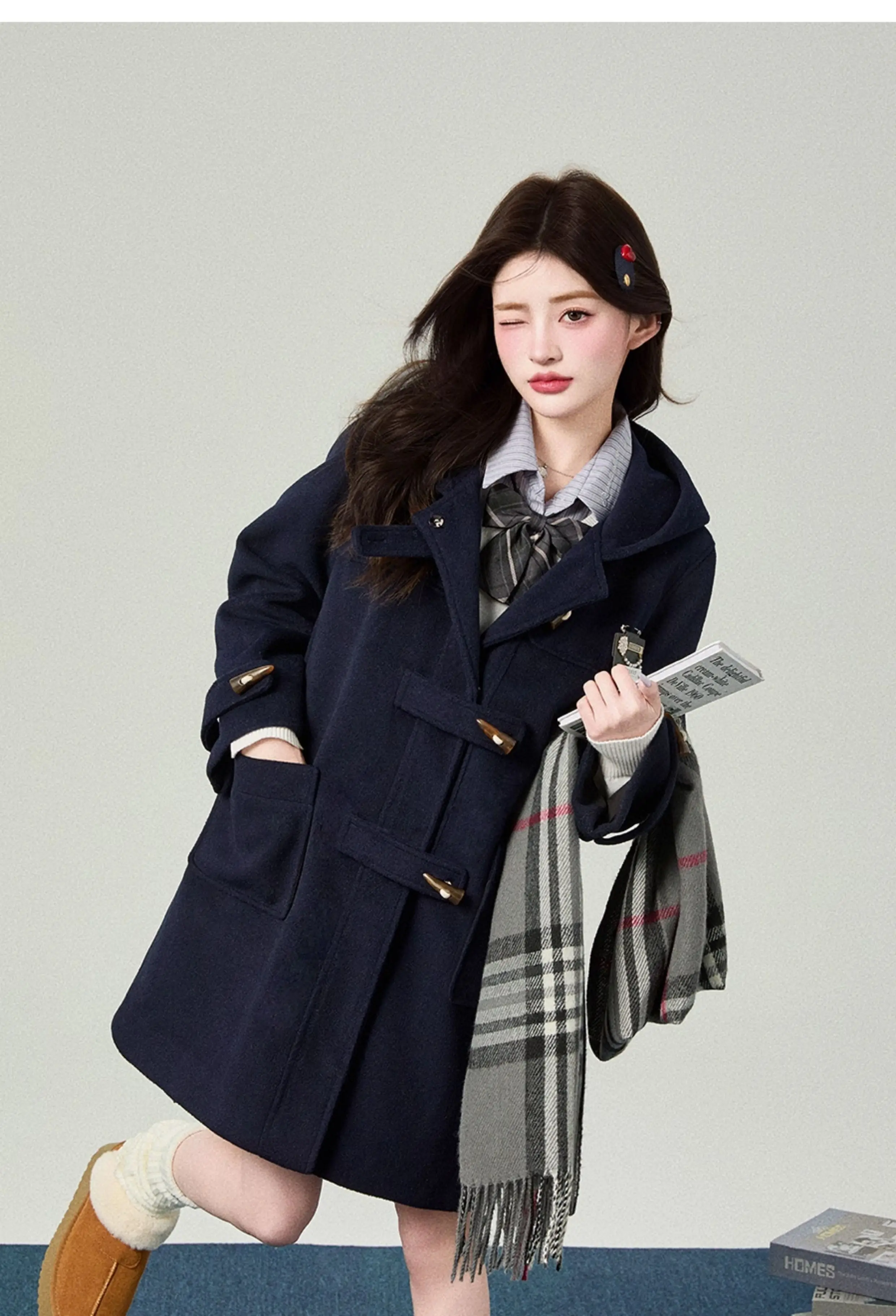 秋冬新作 韓国風 カレッジ風 ホーンボタン ホワイト ピンク ミドル丈 ウールコート ルーズ カジュアル グレー フード付き 中綿ジャケット