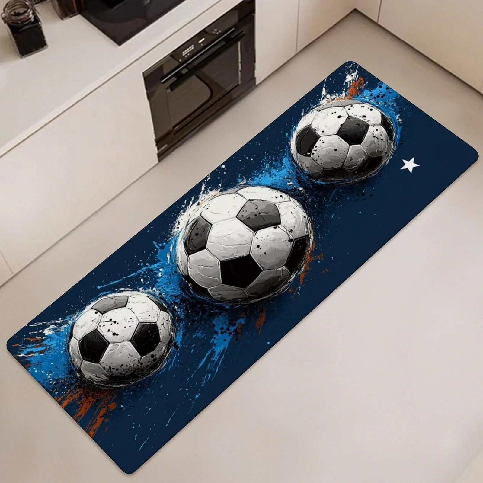 

Cool Blue Soccer Kitchen Long Mat, Non-Slip Washable Floor Mat with Graffiti Print for Hallway, Kitchen, Living Room Decor